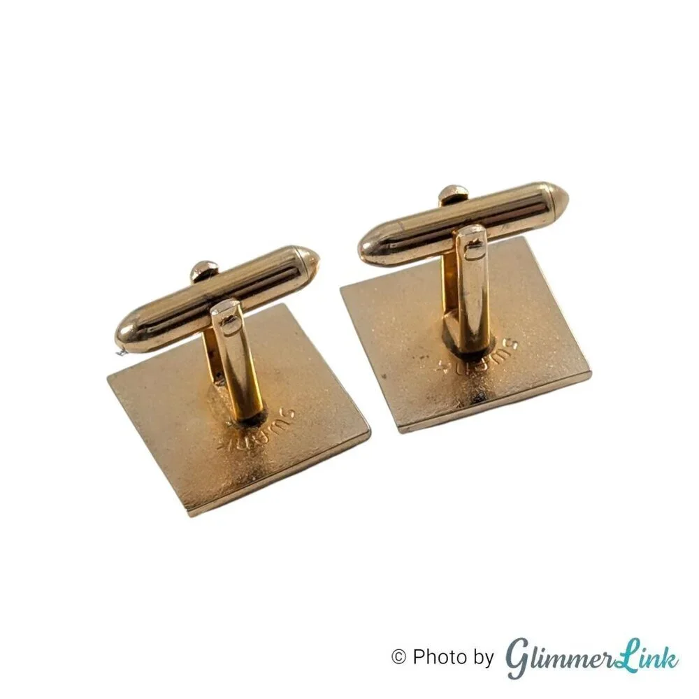 Vintage Swank MCM Square Geometric Black Lines Gold Tone Cufflinks